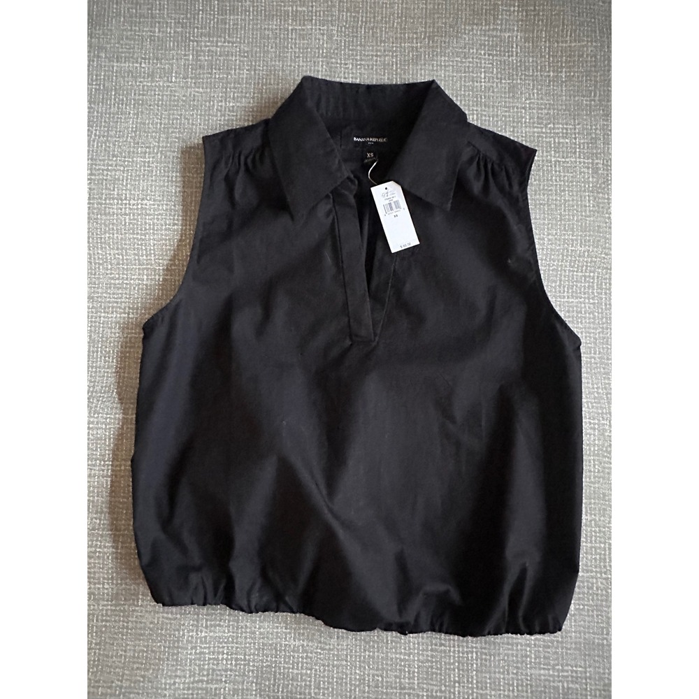 Banana Republic Womens Black Sleeveless Poplin V-Neck Bubble Hem Top XS New